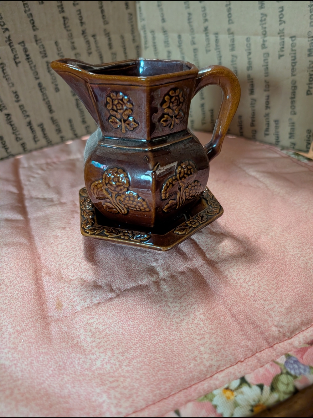 Vintage Brown Floral Relief Ceramic Creamer Pitcher with Saucer
